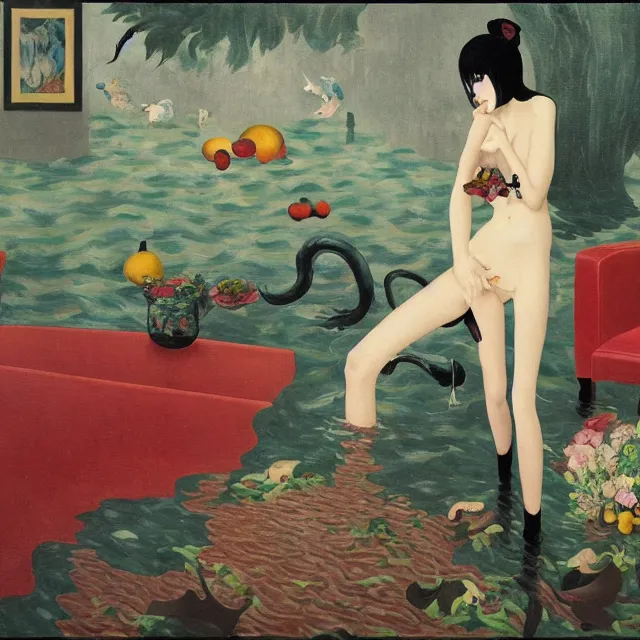 Image similar to emo catgirl artist in her flooded lounge room, painting of flood waters inside an artist's loungeroom, a river flooding indoors, pomegranates, pigs, ikebana, water, octopus, river, rapids, waterfall, black swans, canoe, berries, acrylic on canvas, surrealist, by magritte and monet