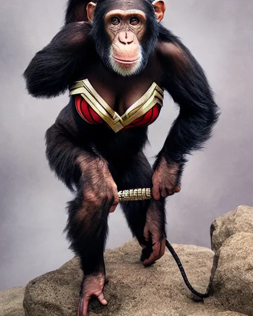 Image similar to a Chimpanzee dressed as Wonder Woman photographed in the style of Annie Leibovitz, photorealistic