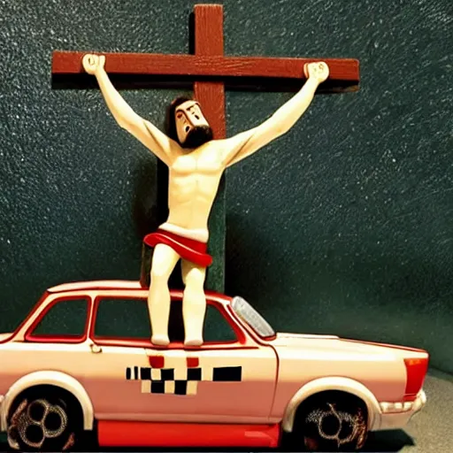 Image similar to car jesus christ on the cross crucifixion as a car, as a car from the movie pixar's cars 2,