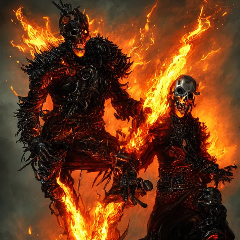 Image similar to Ghost Rider wearing a leather coat and chains, flaming grim reaper, demons of hell, the pits of hell, headshot photo, character concept, dark souls concept art, Feng Zhu concept art, dramatic lighting, highly stylized, trending on artstation, high-quality wallpaper, desktopography