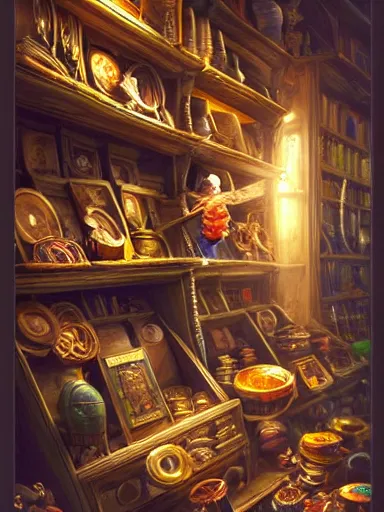 Image similar to a merchant looking for an item in a really messy shelf, full of different trinkets. intricate, elegant, highly detailed, digital painting, artstation, concept art, sharp focus, illustration, by justin gerard and artgerm, 8 k