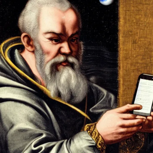 Image similar to galileo galilei taking a picture of jupiter using his smartphone