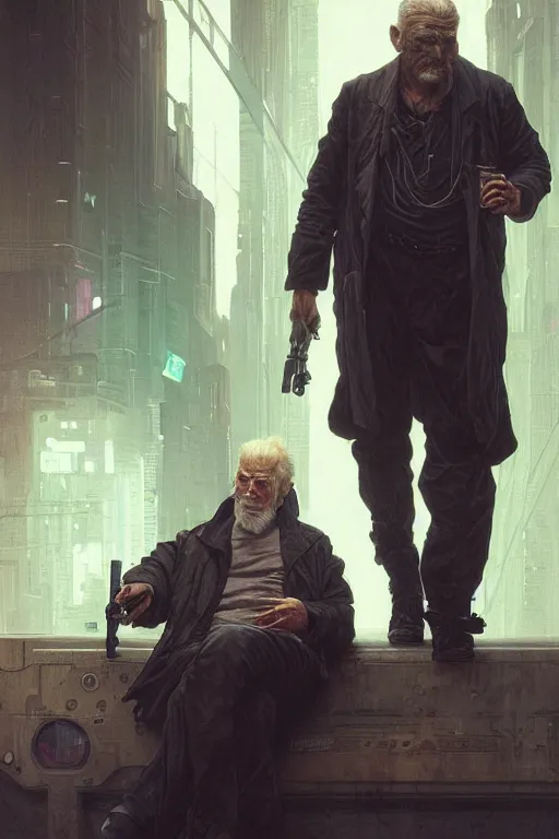 Prompt: cyberpunk old man, augmented, cyborg, movie poster, normal hands, normal legs, cinematic lighting, intricate, rugged, highly detailed, digital painting, artstation, smooth, sharp focus, illustration, art by artgerm and greg rutkowski and alphonse mucha and Wayne Barlowe and william-adolphe bouguereau