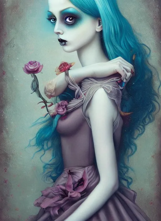 Prompt: pop surrealism, lowbrow art, realistic cute seductive female painting, romantic gown, hyper realism, muted colours, rococo, serafleur, natalie shau tom bagshaw, mark ryden, trevor brown style,