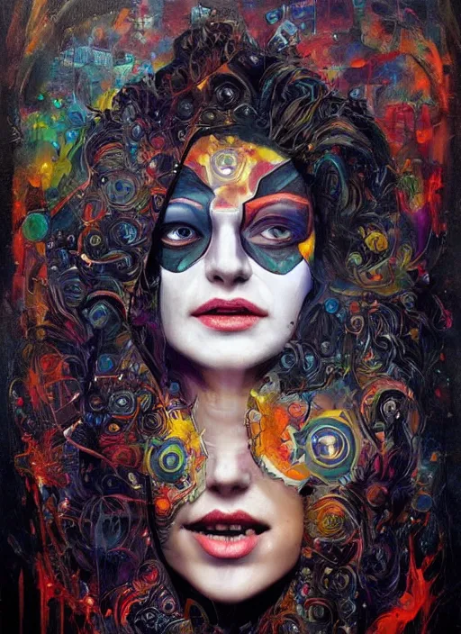 Prompt: creative magic cult psychic woman smiling, third eye concept, subjective consciousness psychedelic, epic surrealism expressionism symbolism, story telling, iconic, dark robed, oil painting, symmetrical face, dark myth mythos, by Sandra Chevrier, Noriyoshi Ohrai masterpiece