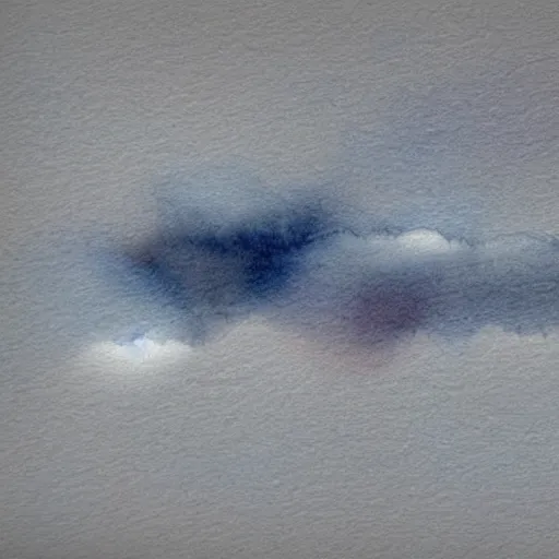 Image similar to high - angle view, from 1 0 0 0 feet in distance, vague uap interstellar vehicle on top of dramatic moody clouds in the sky, muted ink and pearlescent watercolor. minimalist, detailed, muted colors. ue 5