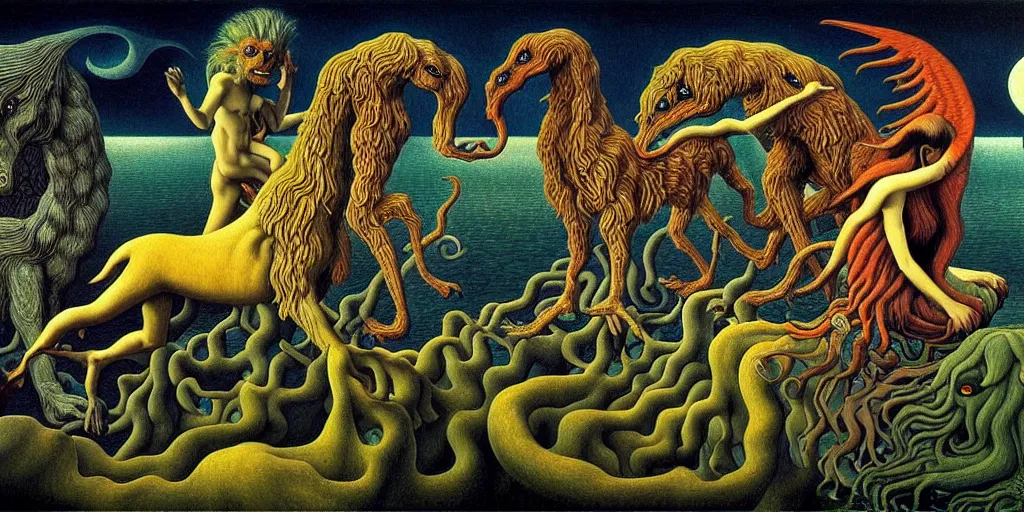 Image similar to mythical creatures and monsters in the imaginal realm of the collective unconscious, in a dark surreal painting by johfra, mc escher and ronny khalil