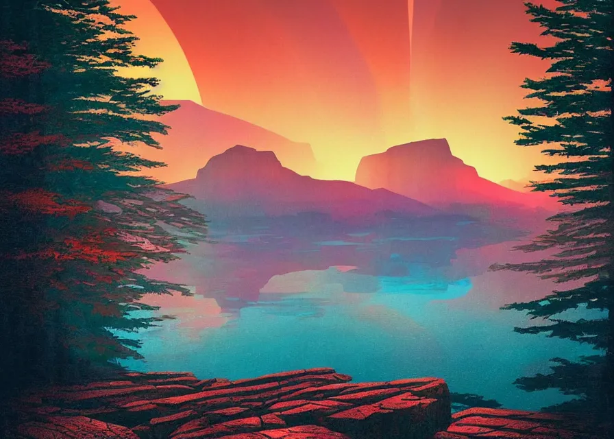 Prompt: a retrowave style artwork of acadia national park, a land of the dead, divine, hazy, volumetric lighting, spacetime bending, very detailed, serene, gold accents, washed out colors, beautiful artwork, master level composition, raytracing