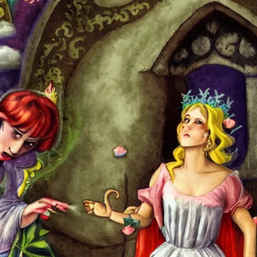 Prompt: a beautiful fairy princess is angry at a jester