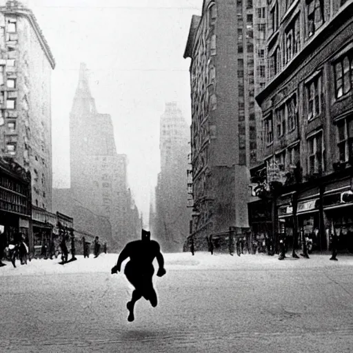 Image similar to old black and white photo, 1 9 1 3, depicting batman from dark knight running through the bustling streets of new york city, rule of thirds, three - point perspective, historical record