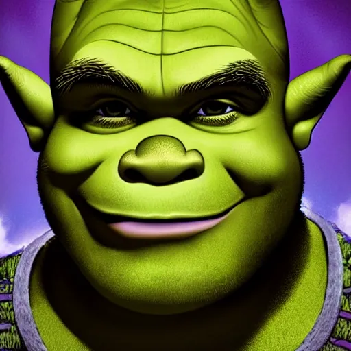 Prompt: Extremely detailed portrait of Shrek, by Miguel Vasquez