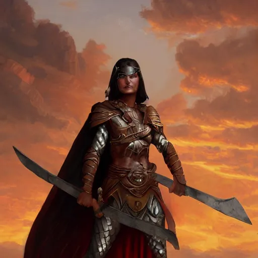 Image similar to a spartan woman wearing a cape and holding a spear in a arena, Matte painting , detailed painting, greg rutkowski