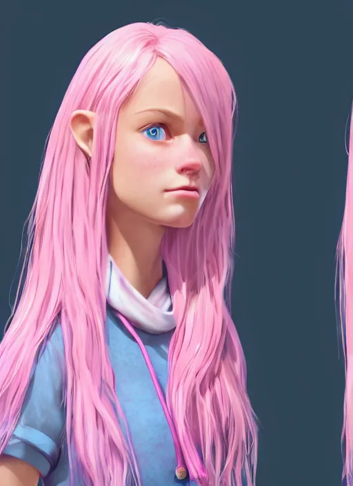 Prompt: concept art for the main character in the award winning film named life is better in pink. the character is a unnaturally beautiful teenage girl with deep light blue eyes and long curled pink hair, a short nose pointing slightly upwards and wearing light pink clothes. realistic cg render, anatomically correct, high key lighting, trending on art station, vibrant colors.