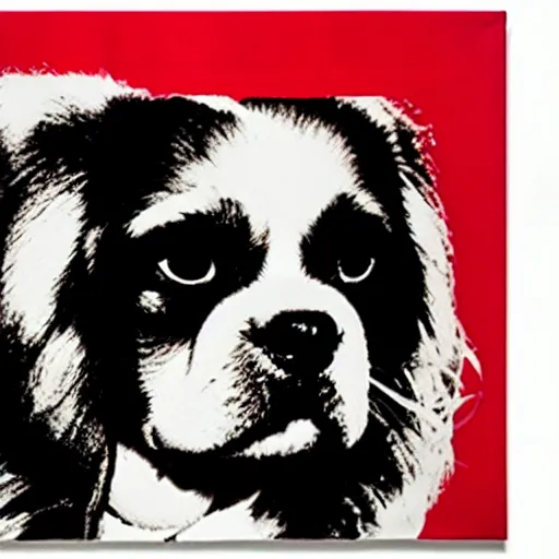 Image similar to coca cola dog tibetan spaniel, art by andy warhol