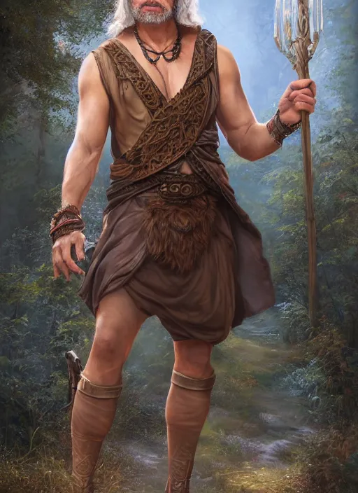 Image similar to a relaxed male middle aged druid in a sleeveless west, brown short hair, strong, full body, 8 k, hyperrealistic, hyperdetailed, fantasy portrait by laura sava