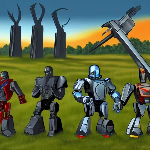 Image similar to bionicles fight to the death at gettysburg american gothic style