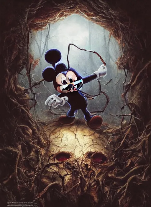 Image similar to portrait of mickey mouse in evil dead ( 2 0 1 3 ), depth of field, soft focus, highly detailed, intricate, realistic, national geographic cover, soft glow, textured, artstation, concept art, sharp focus, illustration, artgerm, greg rutkowski, earl norem