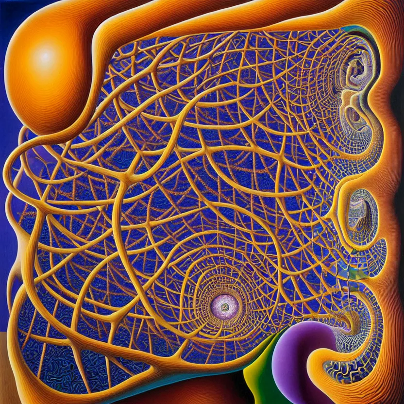 Prompt: infinite fractals of neurons, consciousness, recursion, surreal, by salvador dali and mc escher and alex grey, oil on canvas, hd, dreams, intricate details, warm colors