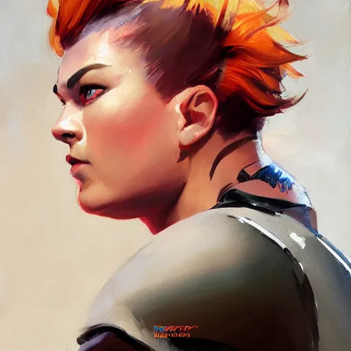 Image similar to greg manchess portrait painting zarya from overwatch, medium shot, asymmetrical, profile picture, organic painting, sunny day, matte painting, bold shapes, hard edges, street art, trending on artstation, by huang guangjian and gil elvgren and sachin teng