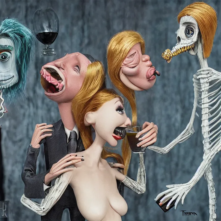 Prompt: anthropomorphic ken & barbie getting drunk, photorealism by h. r. giger, tim burton, full colour spectrum, supersampled, 8 k, beautify