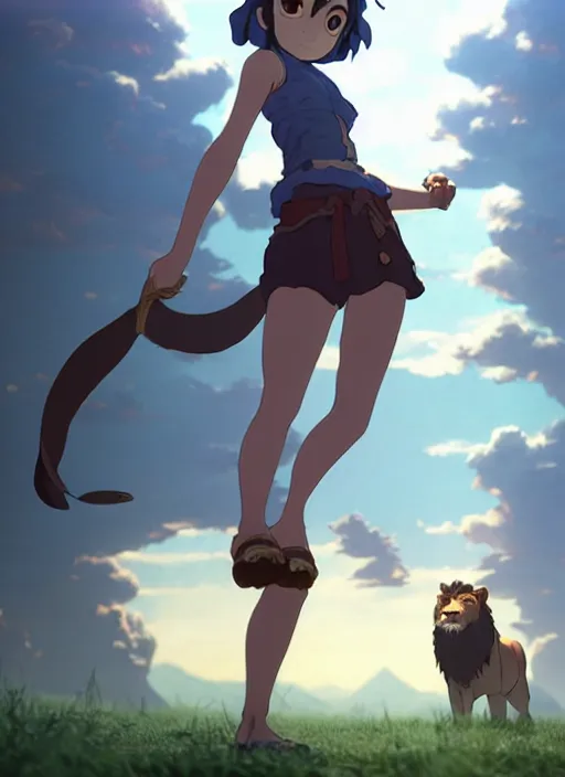 Prompt: rolleiflex tlr photo of full body portrait of a legendary lion keeper girl, finely detailed features, at a magic dungeon, gapmoe yandere grimdark, trending on pixiv fanbox, modeled by greg rutkowski makoto shinkai takashi takeuchi studio ghibli, akihiko yoshida, pixar 3 d film still, renderman