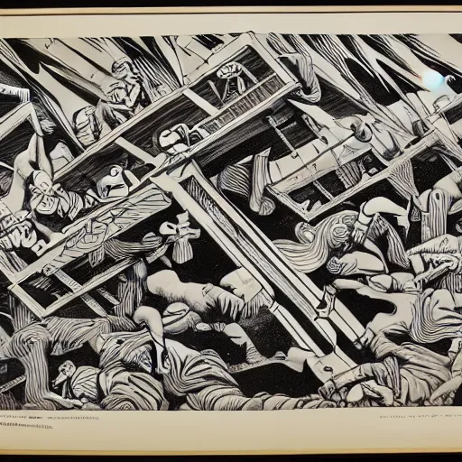 Prompt: Original M.C. Escher lithograph of the immorality of war, accurate details, hyperrealistic, extremely detailed, in the style of Lisa Frank