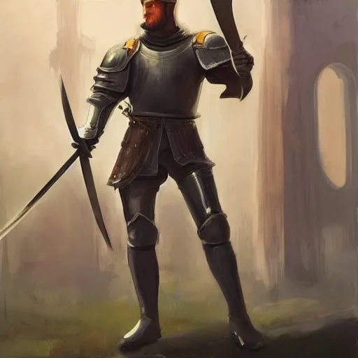 Prompt: a painting of a knight holding a sword, concept art by Magali Villeneuve, featured on cgsociety, fantasy art, concept art, official art, speedpainting