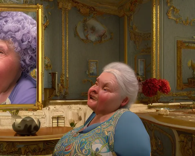 Image similar to of a very beautiful scene. a sweet fat old woman is in love with a huge, colorful and beautiful egg. hyper realistic. 4 k. wide angle. in the baroque style. wild. symmetrical face, red mouth, blue eyes. deep focus, lovely scene. processing block environment. concept art. unreal engine.