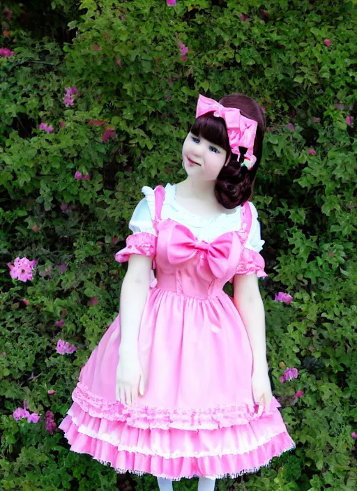 Prompt: a picture of a pretty girl in a pink angelic pretty lolita dress with ribbon heels and a hairbow