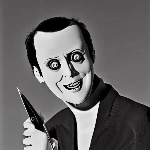 Image similar to a high quality product photo ad of klaus nomi with a technical reed rollerball pen exacto knife made in germany and japan by junji ito