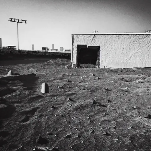 Image similar to moonwalker photo, lunar soil, city buildings, a detailed photo of a future norilsk base, moon landscape, street photo