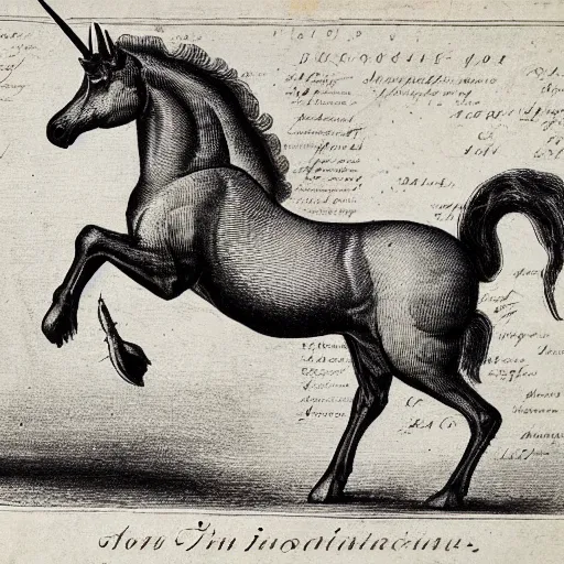 Prompt: incredible lithography of a unicorn, 1 8 th century, medicinal textbook illustration, highly detailed anatomical features