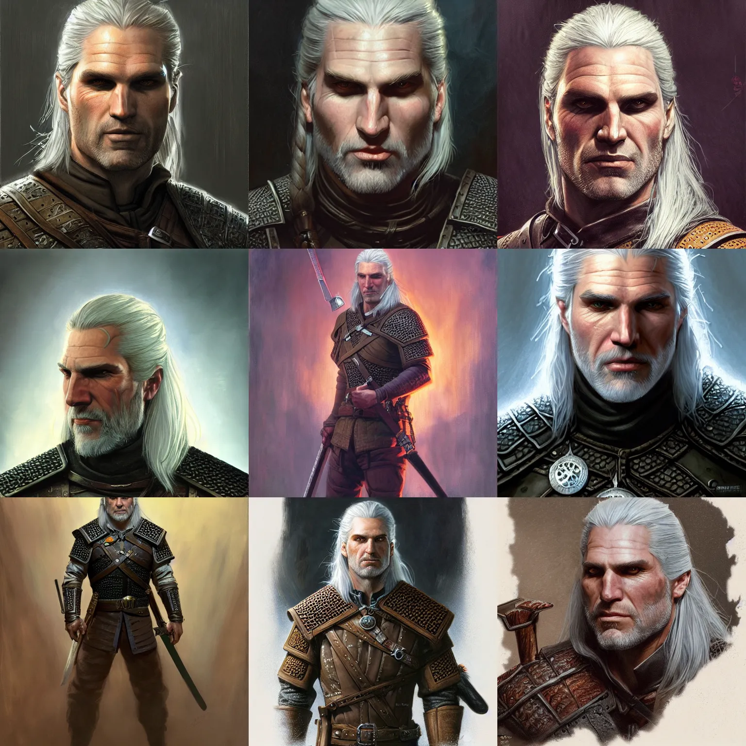 Prompt: Geralt of Rivia, fantasy character portrait art by Donato Giancola, Craig Mullins, digital art, trending on artstation