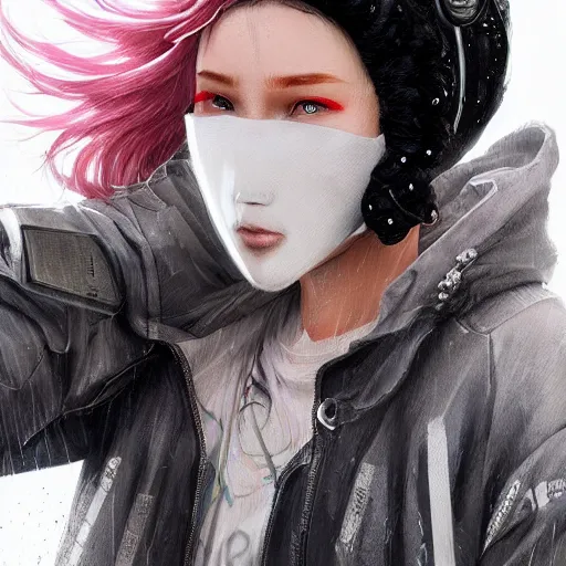 Prompt: very cool girl white hair girl with mask, streetwear, techwear, cyberpunk style outfit, full body, nose piercing, detailed portrait, intricate complexity, by greg rutkowski, cushart krentz, artgerm, ross tran, conrad roset, takato yomamoto, ilya kuvshinov. 4 k, beautiful, cinematic dramatic atmosphere, portrait lighting