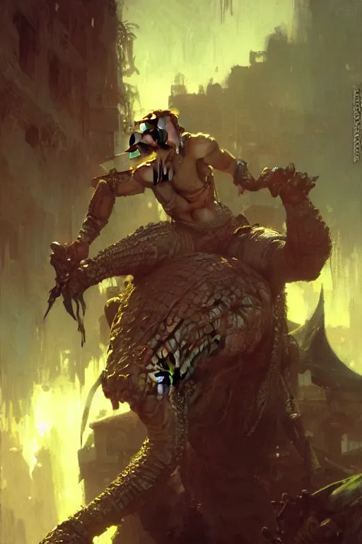 Prompt: roflgator portrait dnd, painting by gaston bussiere, craig mullins, greg rutkowski, yoji shinkawa