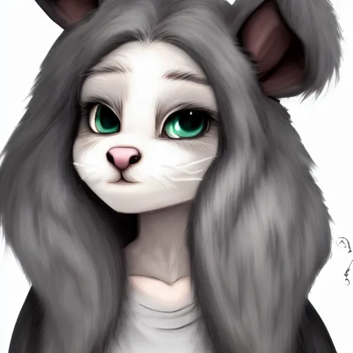 Prompt: 3/4 headshot of young female furry, D&D, cute, fantasy, intricate, long hair, grey skin, grey mouse face, mouse nose, mouse head, mouse ears, black hair, elegant, highly detailed, cartoony, artstation, concept art, smooth, sharp focus, illustration, art by Diives