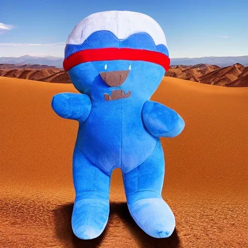 Image similar to blue'snappy gifts'human - sized plush doll, in the desert, holding gift, happy atmosphere, high detail, 8 k