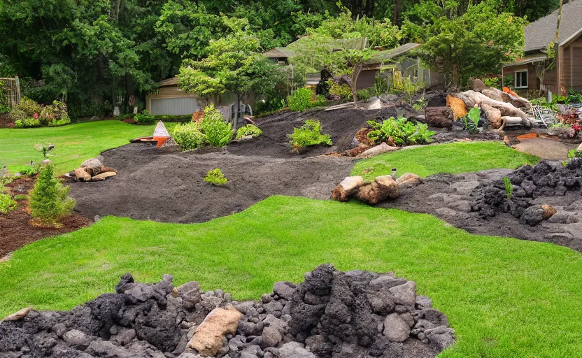 Prompt: suburban yard with miniature volcano erupting in the yard, ground level, lava shower, lava river