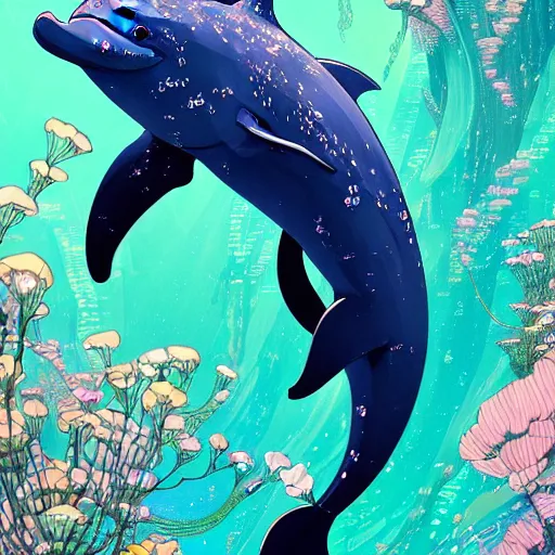 Image similar to a beautiful hyperdetailed character design 4 k wallpaper illustration of a cute dolphin, victo ngai cyberpunk style, from china, style of studio ghibli, makoto shinkai, raphael lacoste, louis comfort tiffany, artgerm, james jean, ross tran, chinese style