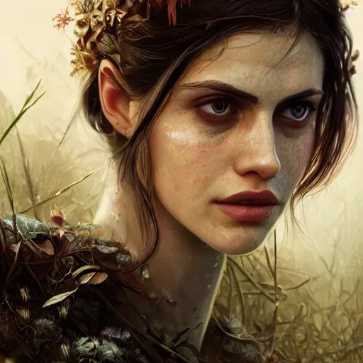 Prompt: Portrait of Alexandra Daddario in a post apocalyptic world, overgrown city, fantasy, high detail, elegant, digital painting, natural light, vibrant, intricate, textured skin, highly detailed, artstation, sharp, focus, illustration, by Anna Dittmann, Ilya Kuvshinov, Nikolay Makovsky