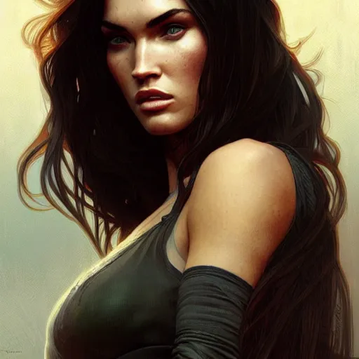 Image similar to Megan Fox , highly detailed, digital painting, artstation, concept art, sharp focus, illustration, art by greg rutkowski and alphonse mucha