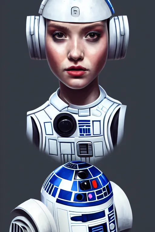 Prompt: a portrait of a girl as r 2 d 2 droid, humanization, humanized, grim - lighting, high - contrast, intricate, elegant, highly detailed, digital painting, artstation, concept art, smooth, sharp focus, illustration