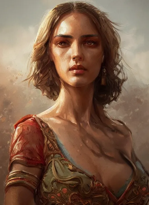 Prompt: a portrait of a woman that is a personification of italian flag, mediterranean, intricate, highly detailed, digital painting, artstation, concept art, smooth, sharp focus, illustration, art by greg rutkowski, matte painting