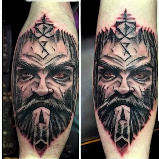 Prompt: old angry scarred whitebearded dwarf, wearing wolf pelt, runic geometry tattoos on face, character art, mtg