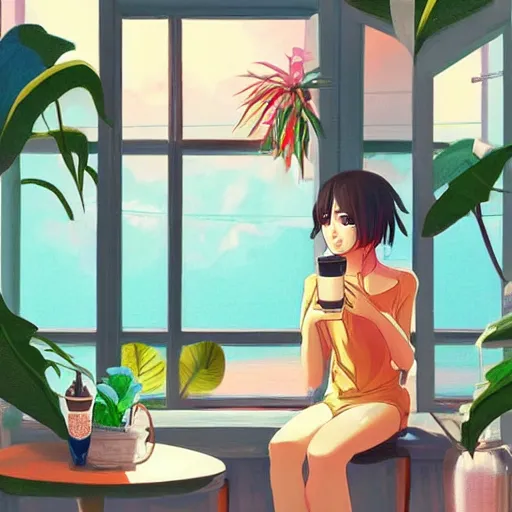 Image similar to a thin, pretty young Filipino woman sits near the window of a cute seaside Cafe with an espresso, golden morning light, cozy, tropical plants, anime style art, trending on artstation
