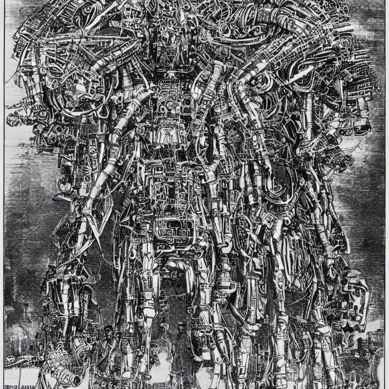 Prompt: A detailed engraving of a giant hindu robot god in the style of virgil finlay. (1955)