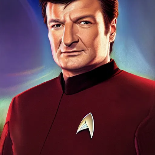 Image similar to A portrait of Nathan Fillion in a starfleet uniform, on the set of Star Trek Voyager, highly detailed photorealistic, unreal 5, hugh definition, 8k, deviantart, donato giancola, oil painting