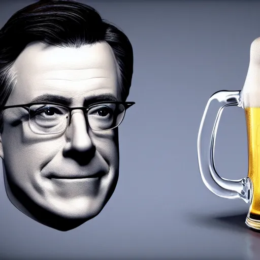 Prompt: stephen colbert face in a clear beer stein, concept art, 8 k, ultra realistic details