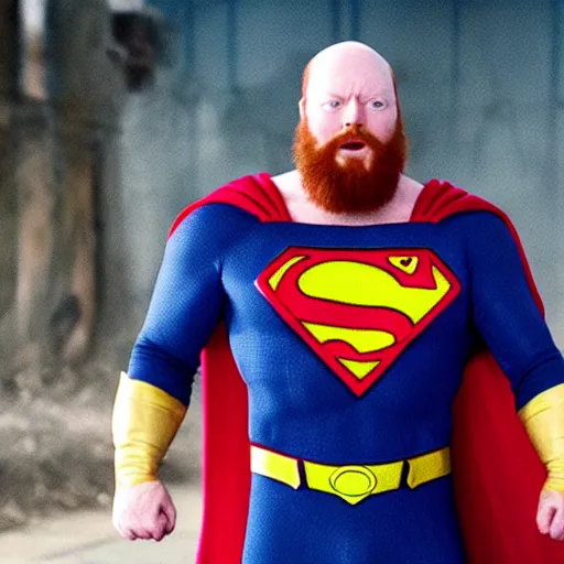 Image similar to angriestpat with red beard starring as superman, movie still, 8 k