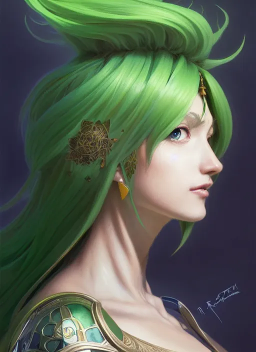 Image similar to portrait from left, head and body only, palutena, green hair, concept art, digital illustration, by rossdraws, frank franzzeta, intricate, masterpiece, elegant, hyper detailed, artstation, unreal engine rendered, concept art, smooth, sharp focus, illustration, art by artgerm and greg rutkowski and alphonse mucha and garis edelweiss